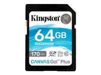 Kingston Canvas Go! Plus - Carte mémoire flash - 64 Go - Video Class V30 / UHS-I U3 / Class10 - SDXC UHS-I SDG3/64GB