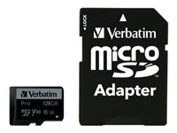 Verbatim PRO - Carte mémoire flash (adaptateur microSDXC vers SD inclus(e)) - 128 Go - Video Class V30 / UHS-I U3 / Class10 - 300x/600x - microSDXC UHS-I 47044